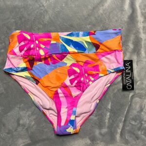 Catalina Women High Waist‎ Bikini Bottom Multi Tropical Print Size L 12 14